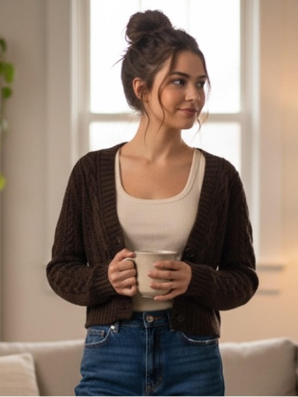 American Eagle | Brown soft cozy cable knit v-neck cardigan sweater size small